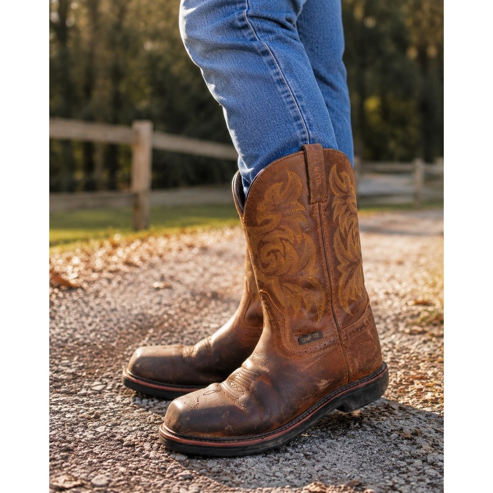 Justin Brown Leather Composite Toe Western‎ Work Boots Men's Size 10.5D